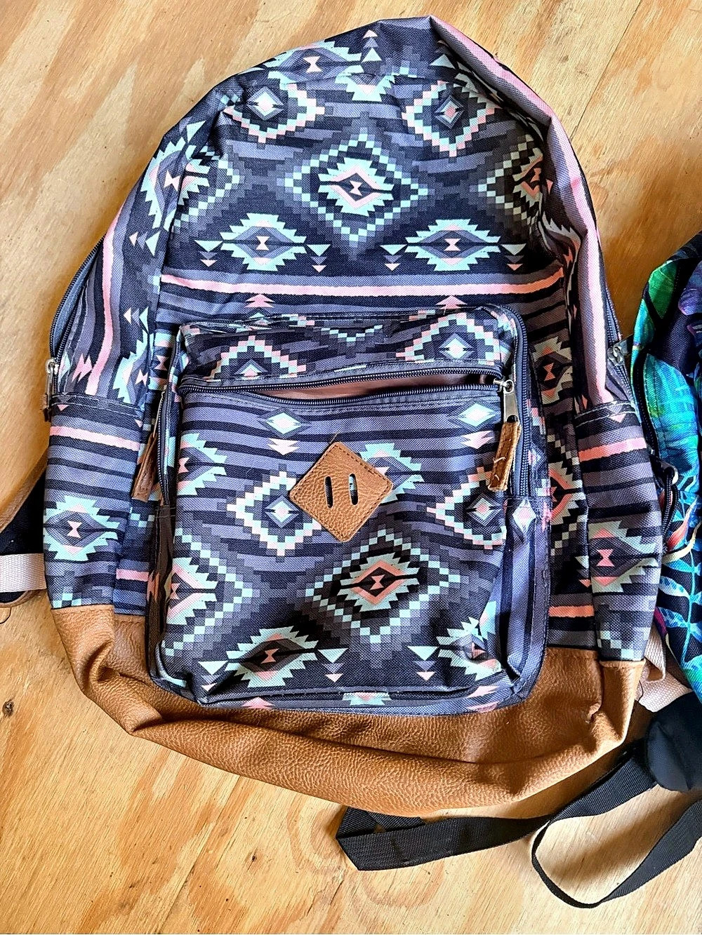 Geometric Print Backpack in Blue & Brown